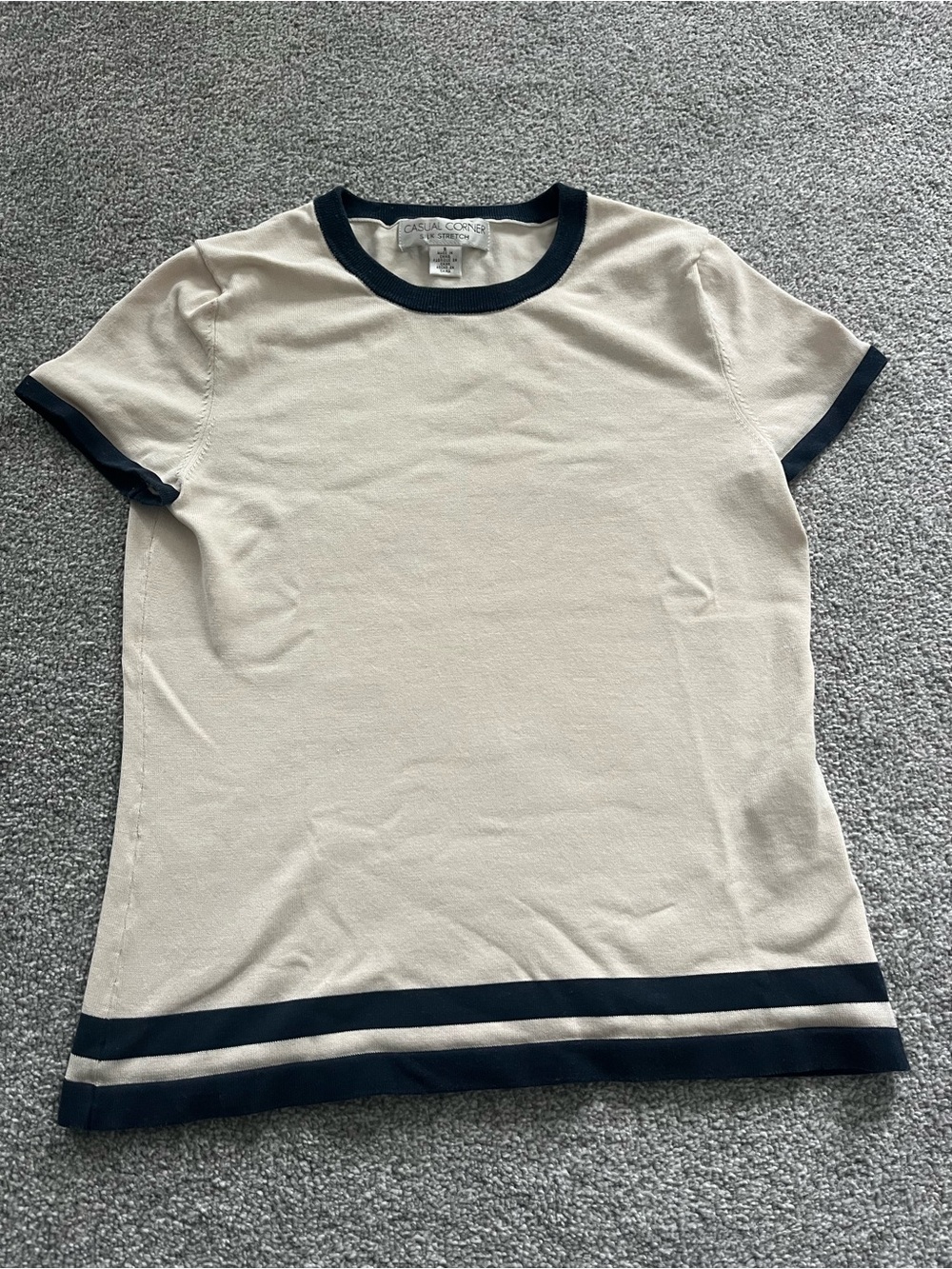 Casual Corner Cream Short Sleeve Ringer Tee with Navy Accents